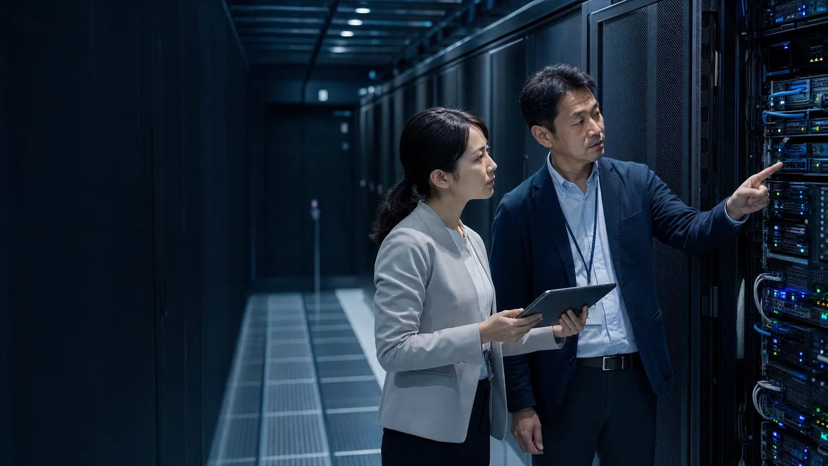 データセンター設備を確認する日本人エンジニア