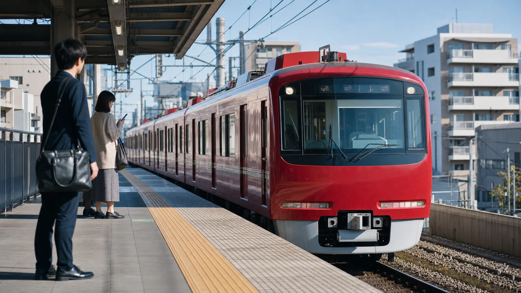 東京の駅ホームに到着する赤い通勤電車